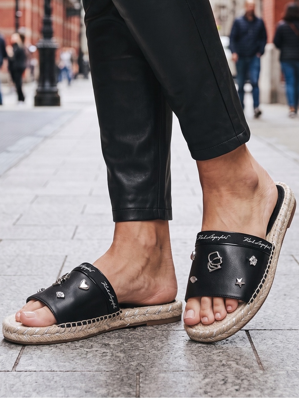 Karl Lagerfeld Paris Tulia Black Embellished Rope-Trim Slide Sandals Size 5.5